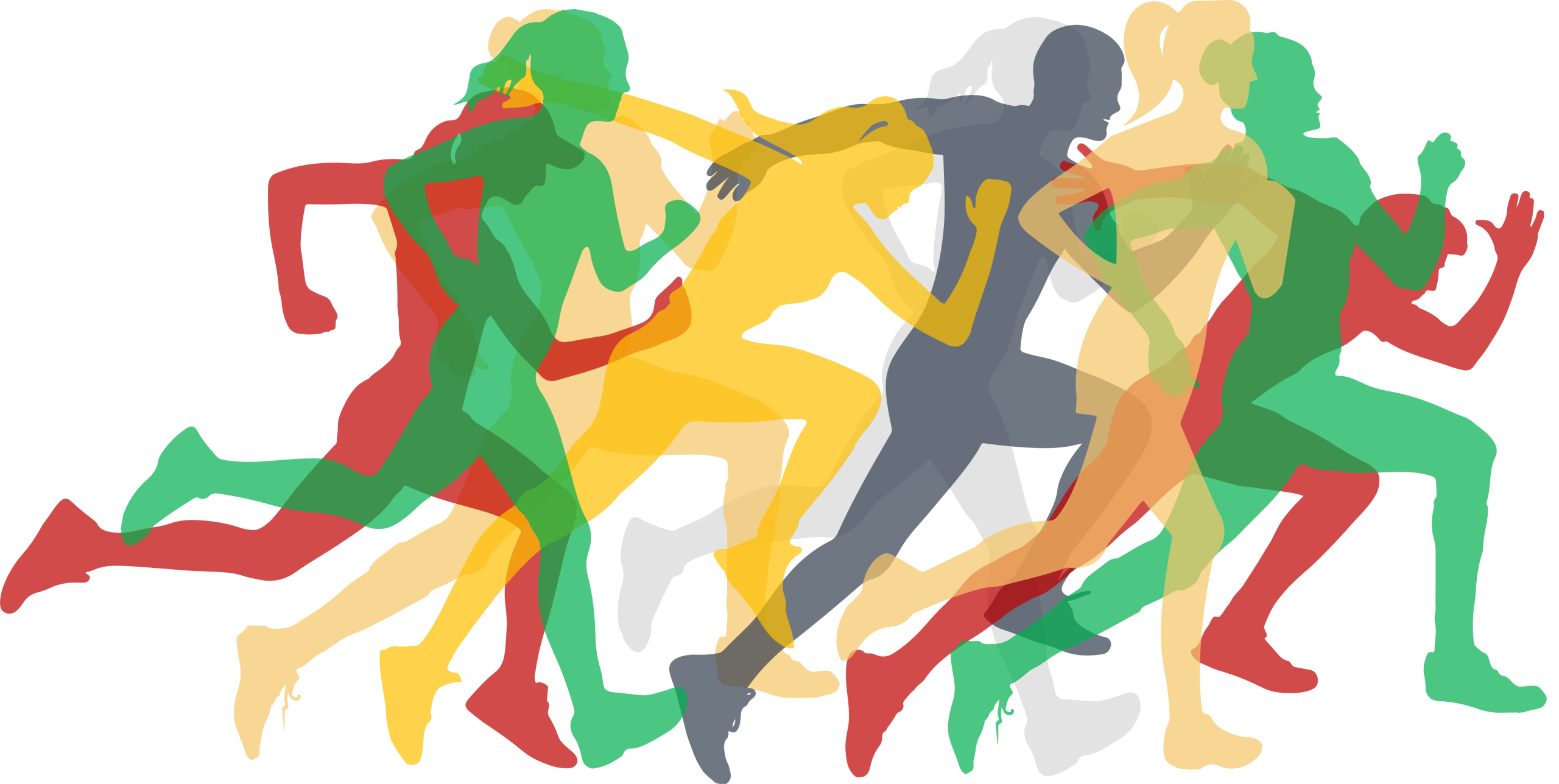 Mehrere Silhoutten von Läufern in den Farben rot, grün, gelb und grau. Alle rennenden Person laufen auf den rechten Rand des Bildes zu und sind mehr oder weniger stark zum Sprint nach vorne geneigt.